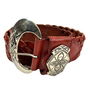 Red Leather Belt Womens Braided Belt Ornate‎ Silvertone Buckle Fits 25-27" Waist